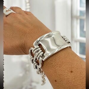 Chunky Silver Tone Link Cuff Bracelet
